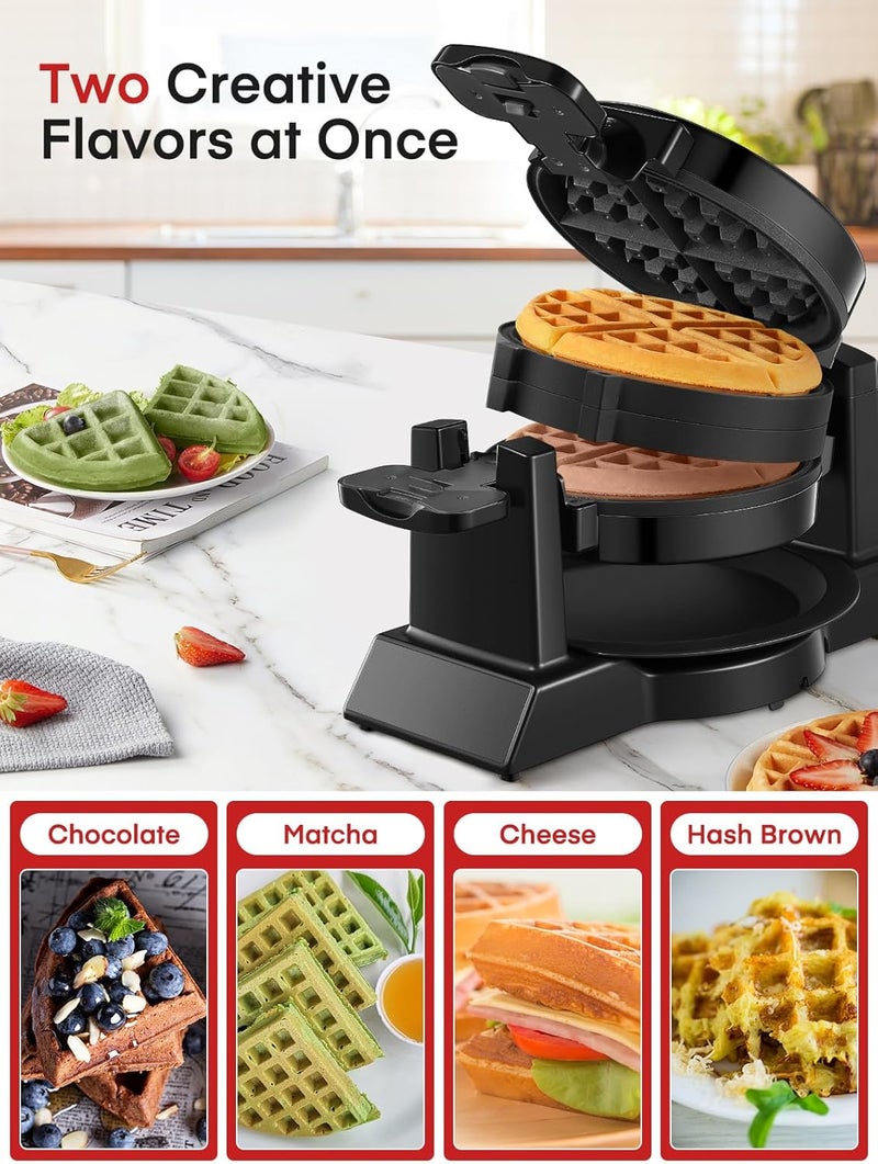 FOHERE Waffle Maker, 1400W Double Belgian Waffle Iron 180° Flip, 8 Slices in 3 Mins, Rotating & Nonstick Plates, Anti-Scald, Removable Drip Tray Easy to Clean, Cool Touch Handle, Space-Saving Storage(Black) - Image 4
